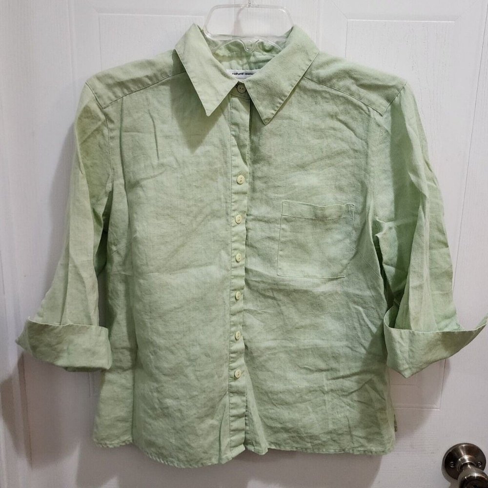 Richard Malcolm Women's 3/4 Sleeve Button Up Shirt 100% Irish Linen Green Size L